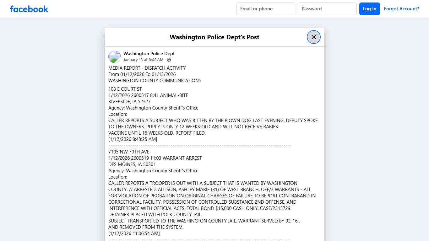 MEDIA REPORT - DISPATCH ACTIVITY... - Washington Police Dept Facebook